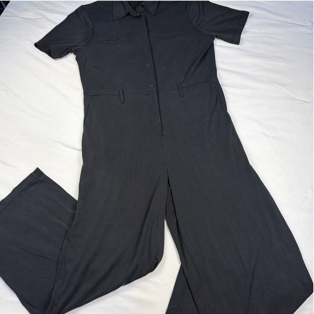 Mango MNG Black Short Sleeve Button Front Utility Wide Leg Jumpsuit Size M